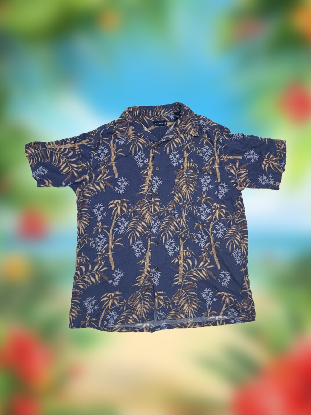 John Ashford Men’s Size Medium Navy Tropical Print Button-Up Shirt